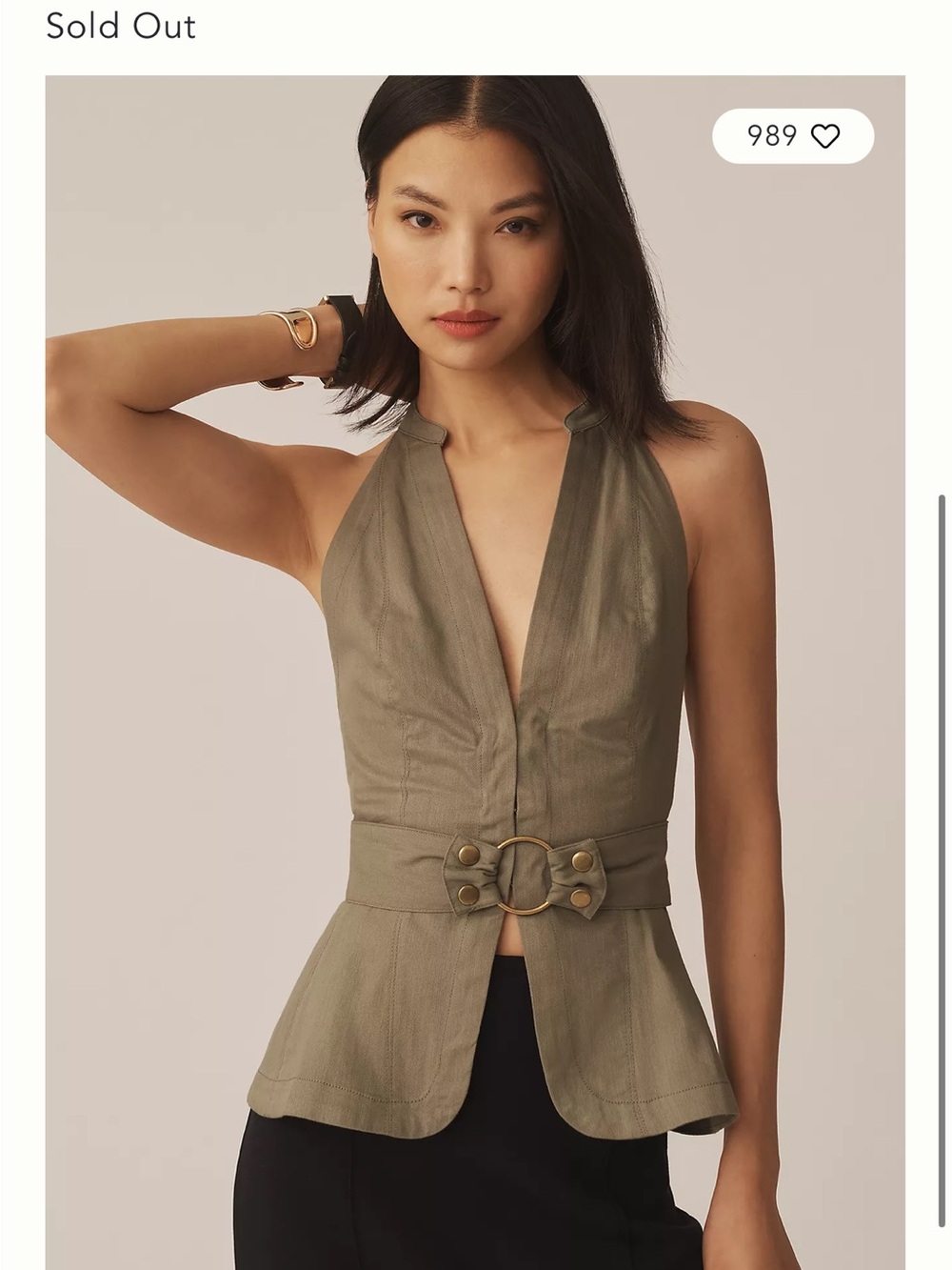 Anthropologie Olive Green Halter Peplum Top with Decorative Ring XXS fits XS